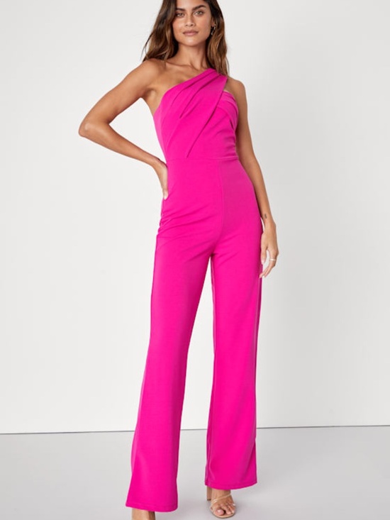 Lulus Pants - Lulus Devoted To Fun Hot Pink One-shoulder Sleeveless Jumpsuit - Size M